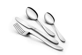 Elegant silver cutlery set including knife, fork, tablespoon, and teaspoon arranged diagonally on white surface.